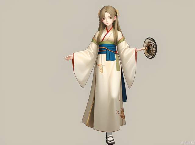 Hanfu, elegant shape, smooth lines, embroidery, clothes with cloud patterns, buckles, soft and elegant, green, beige, vermilion, Dai blue, full body photo, simple background, single person, round fan with handle, golden lotus hairpin.