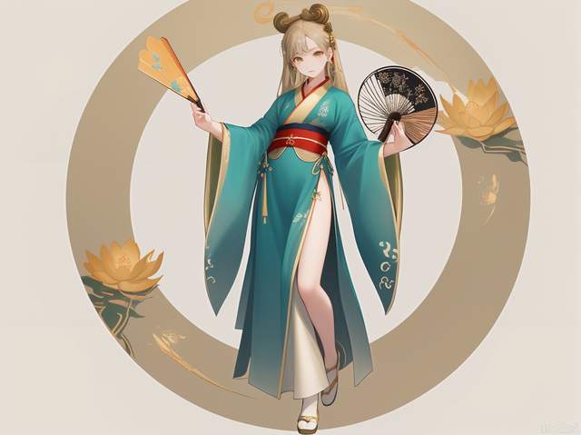 Hanfu, elegant shape, smooth lines, embroidery, cloud pattern, buckle, soft and elegant, such as green, beige, vermilion, Dai blue, full body photo, simple background, single, round fan, golden lotus hairpin.