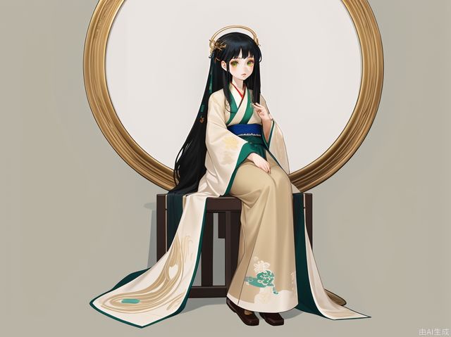 Hanfu, elegant shape, smooth lines, embroidery, clothes have cloud patterns, buckles, soft and elegant, green, beige, vermilion, Dai blue, full body photos, simple background, single person, round fan, golden lotus hairpin. A girl, long black hair, antique