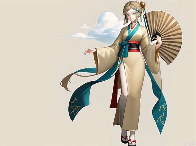 Hanfu, elegant shape, smooth lines, embroidery, clothes have cloud patterns, buckles, soft and elegant, green, beige, vermilion, Dai blue, full body photos, simple background, single person, round fan, golden lotus hairpin.