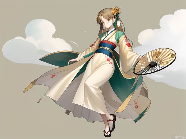 Hanfu, elegant shape, smooth lines, embroidery, clothes have cloud patterns, buckles, soft and elegant, green, beige, vermilion, Dai blue, full body photos, simple background, single person, round fan, golden lotus hairpin.