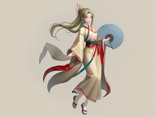 Hanfu, elegant shape, smooth lines, embroidery, clothes have cloud patterns, buckles, soft and elegant, green, beige, vermilion, Dai blue, full body photos, simple background, single person, round fan, golden lotus hairpin.