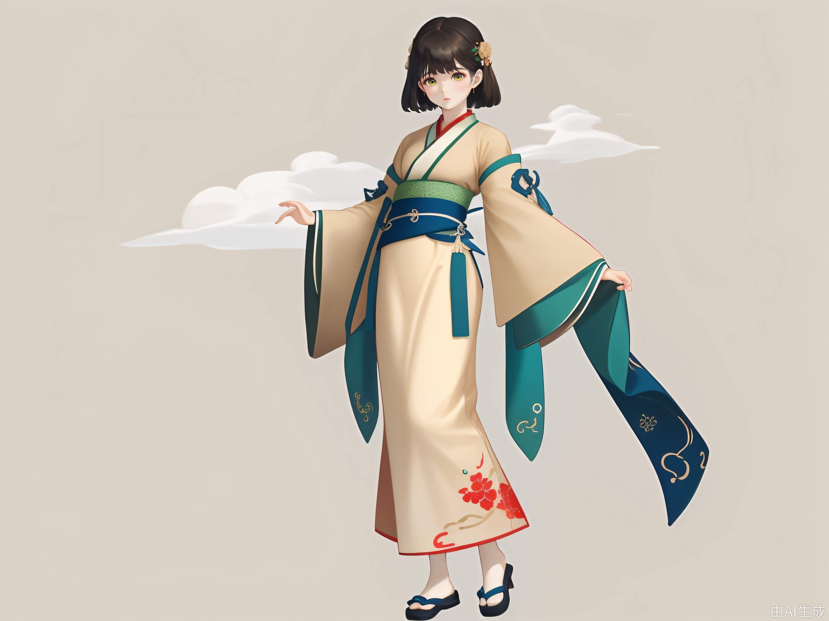汉服，造型优雅，线条流畅，刺绣，云纹，扣
