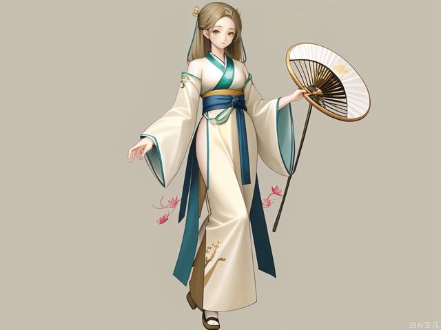 Hanfu, elegant shape, smooth lines, embroidery, cloud pattern, buckle, soft and elegant, such as green, beige, vermilion, Dai blue, full body photo, simple background, single, round fan, golden lotus hairpin.