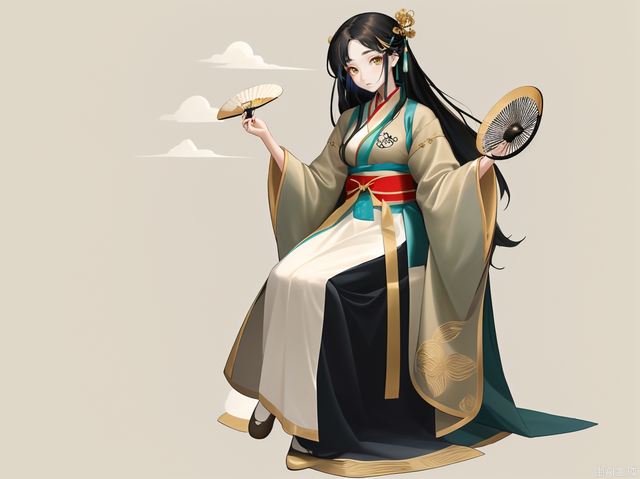 Hanfu, elegant shape, smooth lines, embroidery, clothes have cloud patterns, buckles, soft and elegant, green, beige, vermilion, Dai blue, full body photos, simple background, single person, round fan, golden lotus hairpin. A girl, long black hair, antique