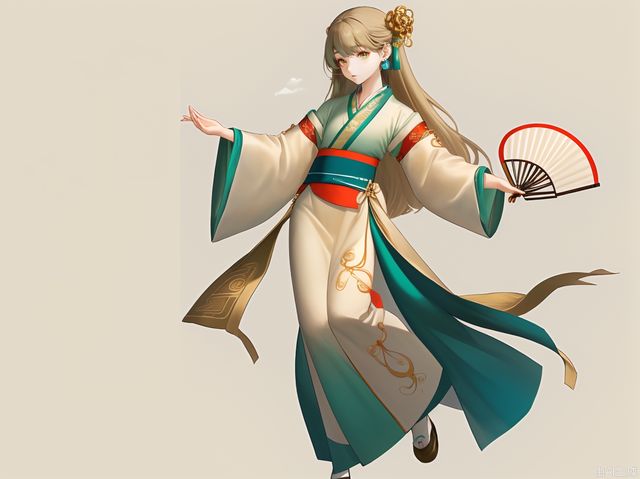 Hanfu, elegant shape, smooth lines, embroidery, clothes have cloud patterns, buckles, soft and elegant, green, beige, vermilion, Dai blue, full body photos, simple background, single person, round fan, golden lotus hairpin.