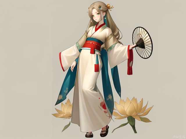 Hanfu, elegant shape, smooth lines, embroidery, clothes have cloud patterns, buckles, soft and elegant, green, beige, vermilion, Dai blue, full body photos, simple background, single person, round fan, golden lotus hairpin.