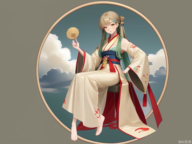 Hanfu, elegant shape, smooth lines, embroidery, clothes have cloud patterns, buckles, soft and elegant, green, beige, vermilion, Dai blue, full body photos, simple background, single person, round fan, golden lotus hairpin.