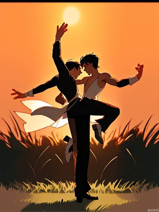 A male dancer stands on the grass, displaying elegant dance moves, with the sunset/dusk behind him, backlit