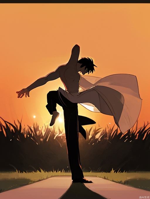 A male dancer stands on the grass, displaying elegant dance moves, with the sunset/dusk behind him, backlit