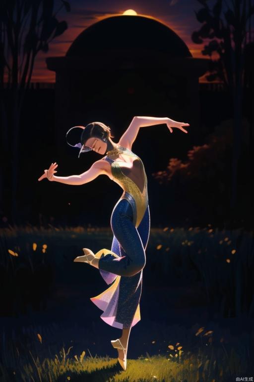 A dancer stands on the grass displaying elegant dance moves, with the sunset/dusk behind him, backlit