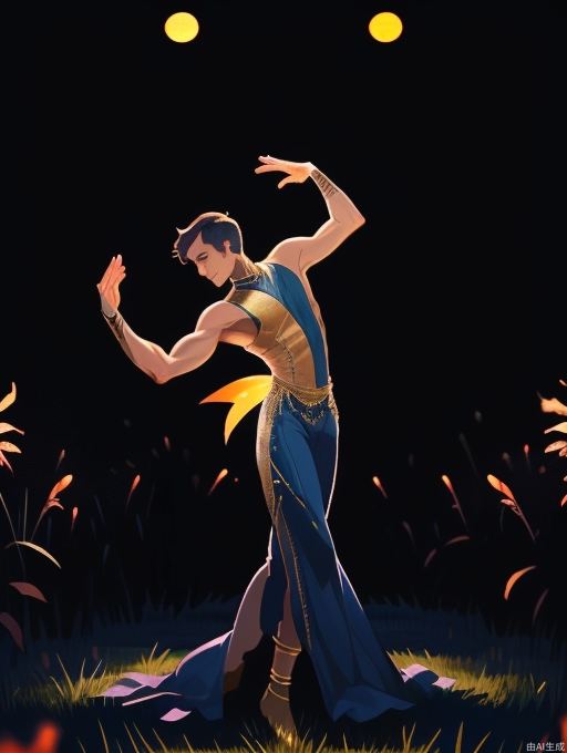 A male dancer stands on the grass, displaying elegant dance moves. He is dressed loosely and concisely on his upper body, with a tight and linear feeling on his lower body. Behind him is the sunset/dusk, backlit