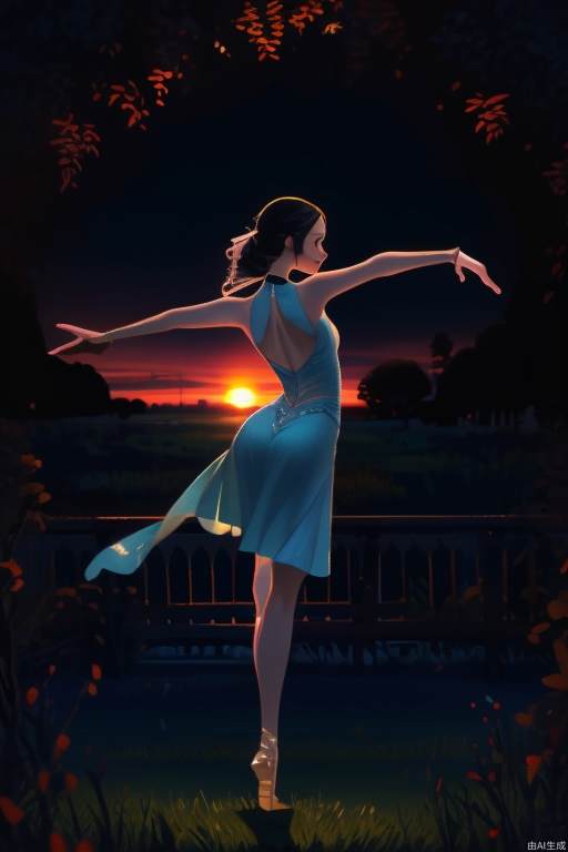 A dancer stands on the grass displaying elegant dance moves, with the sunset/dusk behind him, backlit