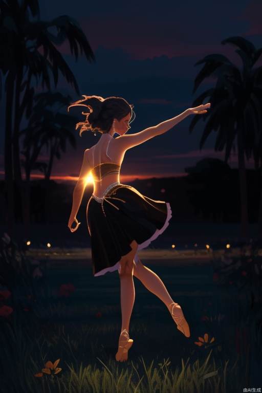 A dancer stands on the grass displaying elegant dance moves, with the sunset/dusk behind him, backlit