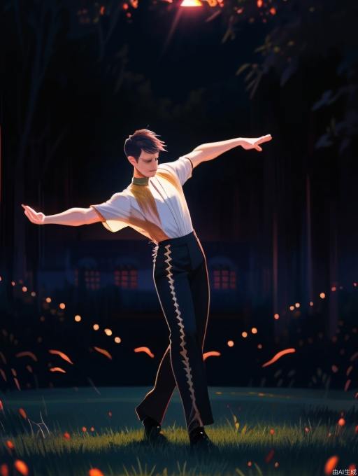 A male dancer stands on the grass, displaying elegant dance moves. He is dressed loosely and concisely on his upper body, with a tight and linear feeling on his lower body. Behind him is the sunset/dusk, backlit