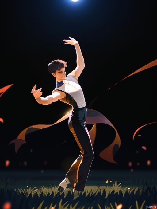 A male dancer stands on the grass, displaying elegant dance moves. He is dressed loosely and concisely on his upper body, with a tight and linear feeling on his lower body. Behind him is the sunset/dusk, backlit