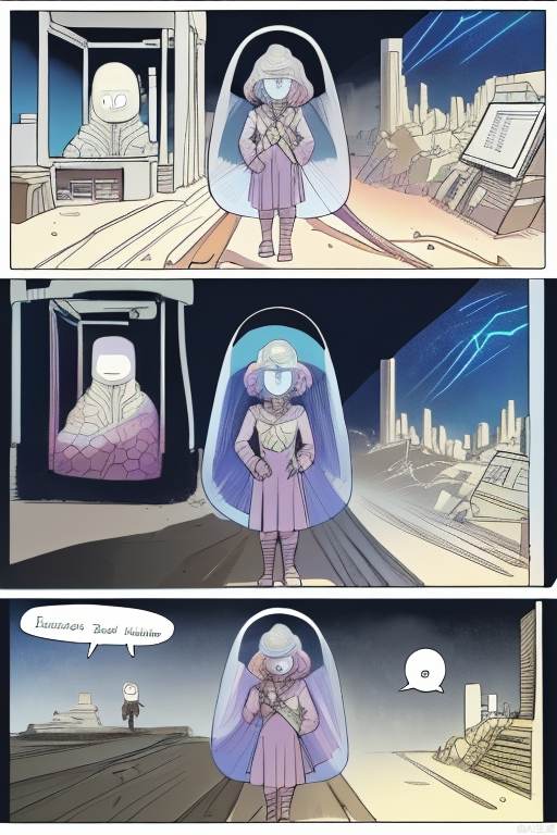 speech bubble, A visually engaging graphic novel featuring a young scientist, Clara, on a journey to discover an ancient, mysterious energy source buried deep within a futuristic dystopian city