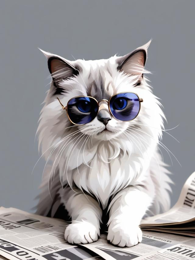 AP,no humans,cat,realistic,animal focus,animal,blurry,simple background,whiskers,newspaper,gray background,ragdoll,wear sunglasses,