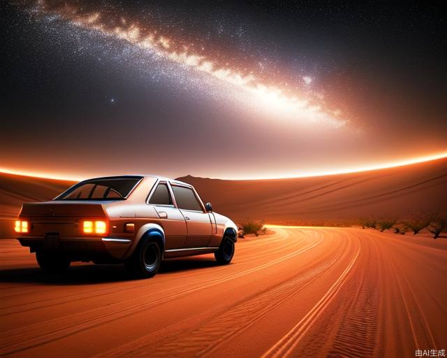 Cars drive in the desert at night