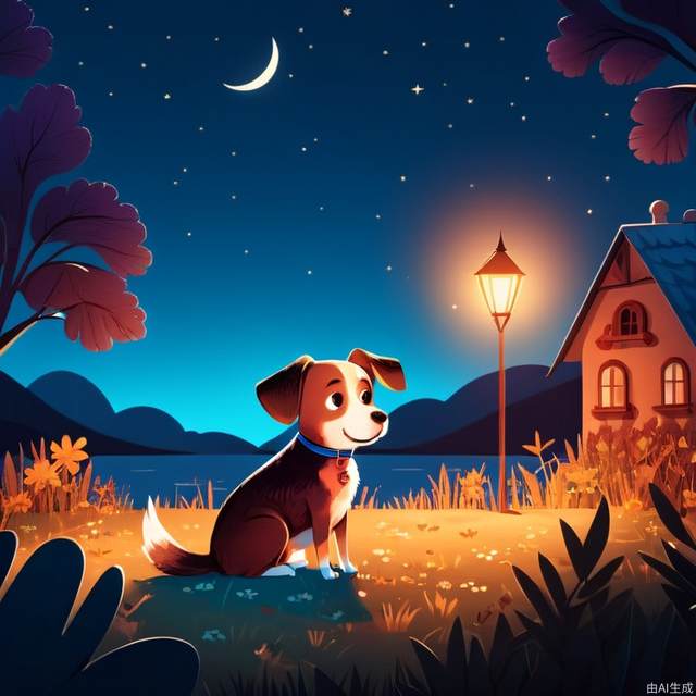 Children's Illustration Style,night, a dog. cinematic photo, 4k, highly detailed, uhd image, intricate details detailed scene background, detailed, 8k, trending, amazing art, colorful