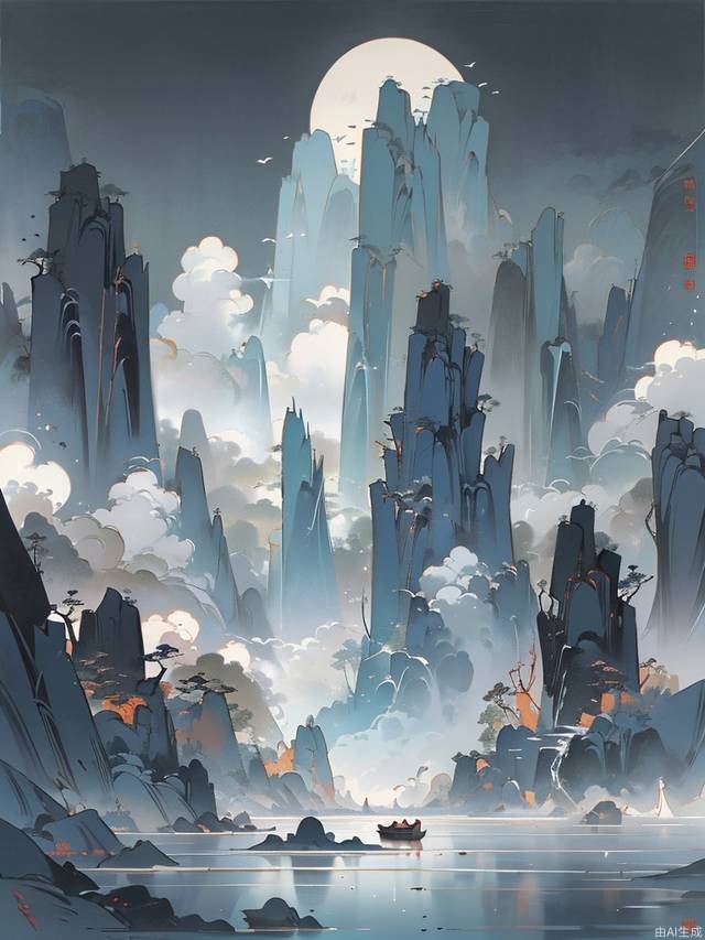 minimalism,Zen aesthetics,Chinese landscape painting,blank, Zen composition,cloud sea,crowded villagers walking and caravans on wet dark ground, they migrate, highly detailed, art by greg rutkowski,