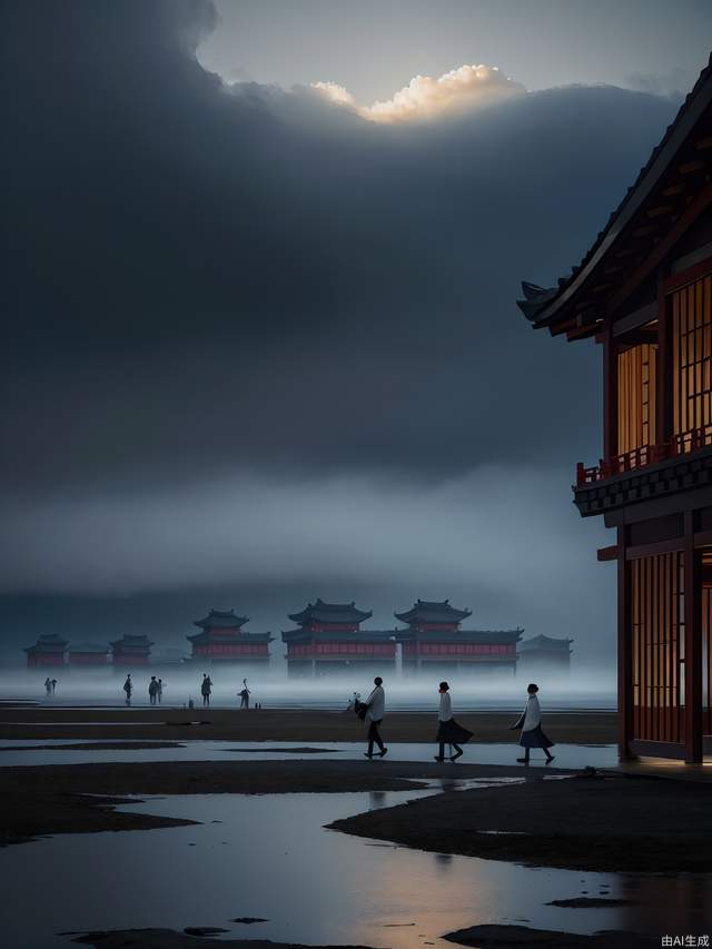 minimalism,Zen aesthetics,Chinese landscape painting,blank, Zen composition,cloud sea,crowded villagers walking and caravans on wet dark ground, they migrate, highly detailed, art by greg rutkowski,