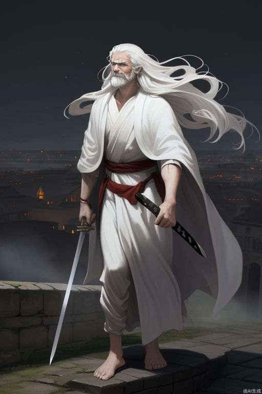 In the dark night, the ancient man was wearing a long robe and white clothes, holding a three-foot sword in his hand, and his long hair fluttered in the wind. He stood on the tall city wall and faced thousands of troops.