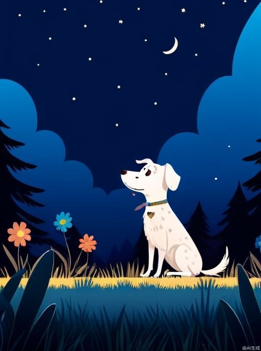 Children's Illustration Style,night, a dog. cinematic photo, 4k, highly detailed, uhd image, intricate details detailed scene background, detailed, 8k, trending, amazing art, colorful