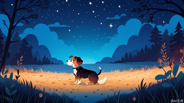 Children's illustration style, night, a dog. Movie photo, 4k, highly detailed, uhd image, intricate detail detailed scene background, detailed, 8k, trend, amazing art, colorful, ink painting, cute