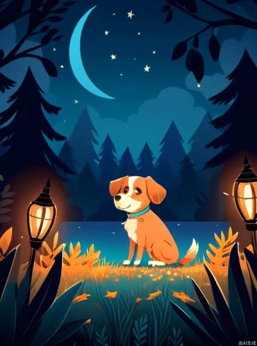 Children's Illustration Style,night, a dog. cinematic photo, 4k, highly detailed, uhd image, intricate details detailed scene background, detailed, 8k, trending, amazing art, colorful