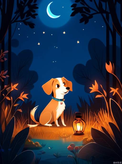 Children's Illustration Style,night, a dog. cinematic photo, 4k, highly detailed, uhd image, intricate details detailed scene background, detailed, 8k, trending, amazing art, colorful