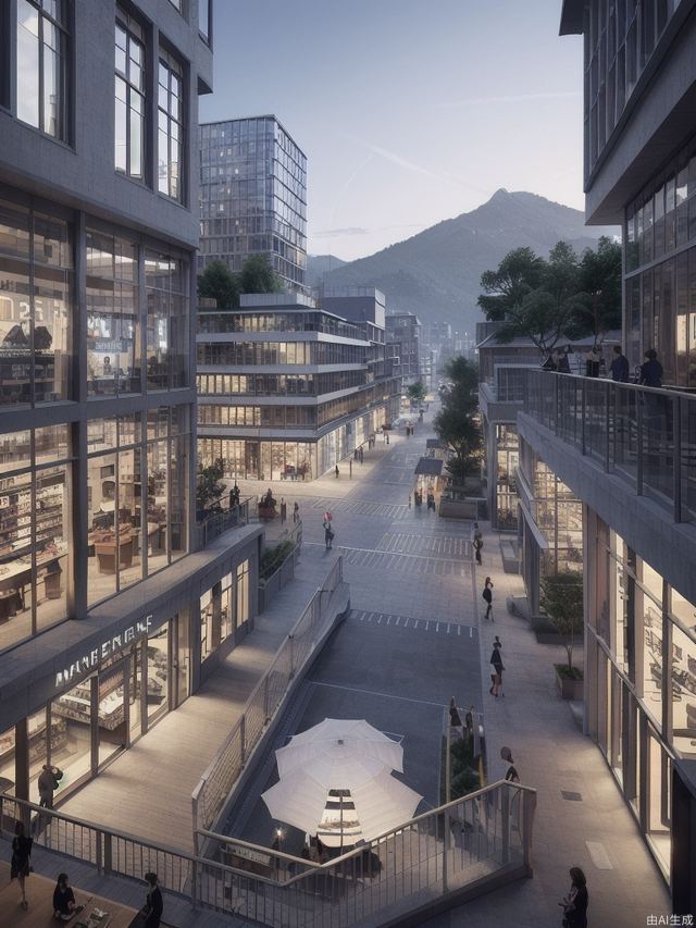 river, waterfront, Mountain, bustling street, light from inside the building, commercial shop, Swing out coffee table and parasol, Sky corridor, white modernist street lamp, modernism, Business district, evening, human perspective, street view, 8K, high detail