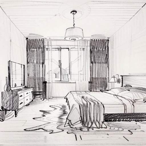 monochrome,traditional media, sketch, Pencil drawing,masterpiece,inverted colors,bedroom,Modern minimalist Nordic style,