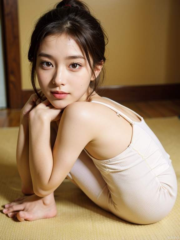 Girl, alone, looking from top to bottom, overhead shot, 45 degrees overhead shot, full body, hands, feet, hands naturally on the legs, legs bent and coiled, yoga, beige top, pink yoga pants, sitting cross-legged, yoga action, happy, black hair, straight hair, ponytail, youth, pure, pure face, real shot, photography, best quality, audience-oriented, from front, oval face, perfect light, right light, high quality, colorful, photography, realism, exquisite, natural