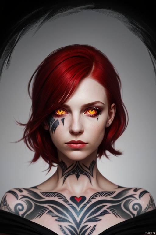 Russian woman, red hair, golden eyes, white skin, black wing fragment tattoo under her eye, young, smart, dangerous