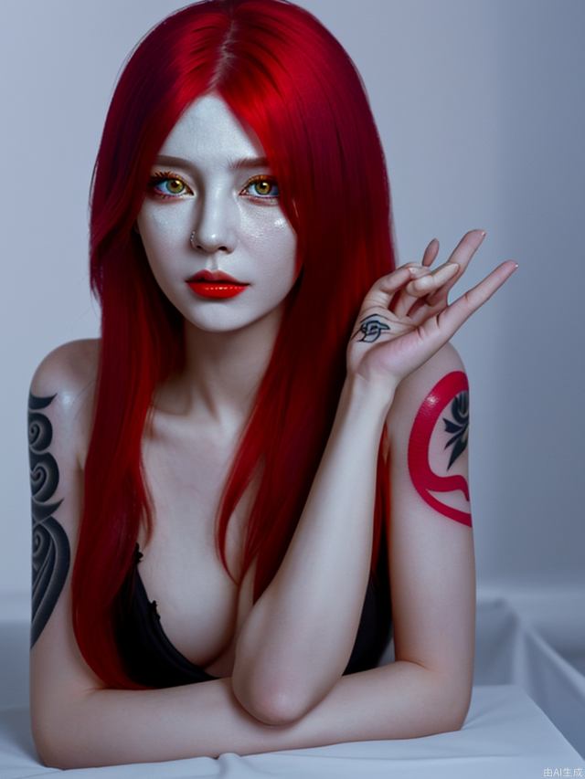 Russian woman, psychic, red hair, golden eyes, white skin, black wing fragment tattoo under her eye, relatively young, smart, dangerous