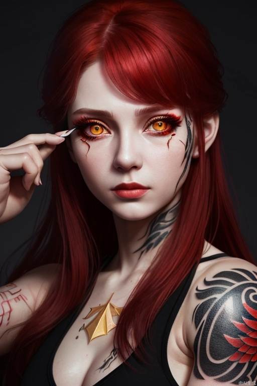 Russian woman, red hair, golden eyes, white skin, black wing fragment tattoo under her eye, relatively young, smart, dangerous