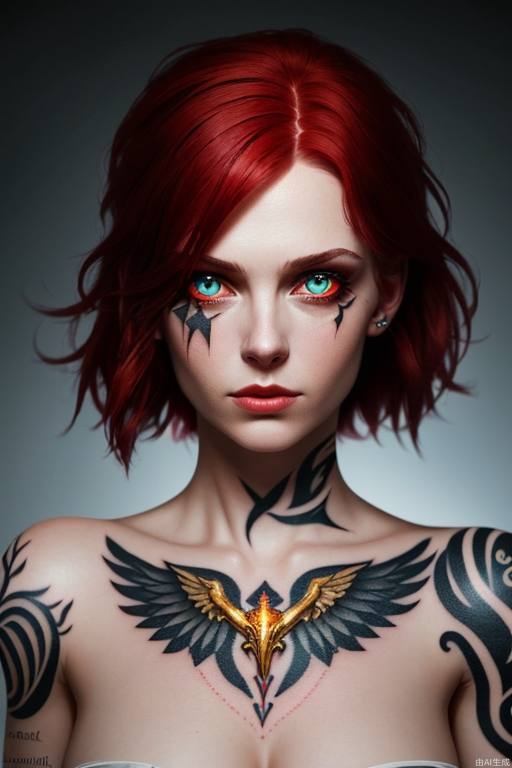 Russian woman, red hair, golden eyes, white skin, black wing fragment tattoo under her eye, young, smart, dangerous