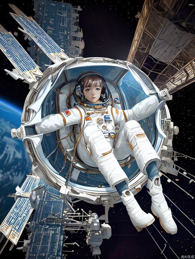 Female astronaut in outer space, surrounded by satellites, space stations