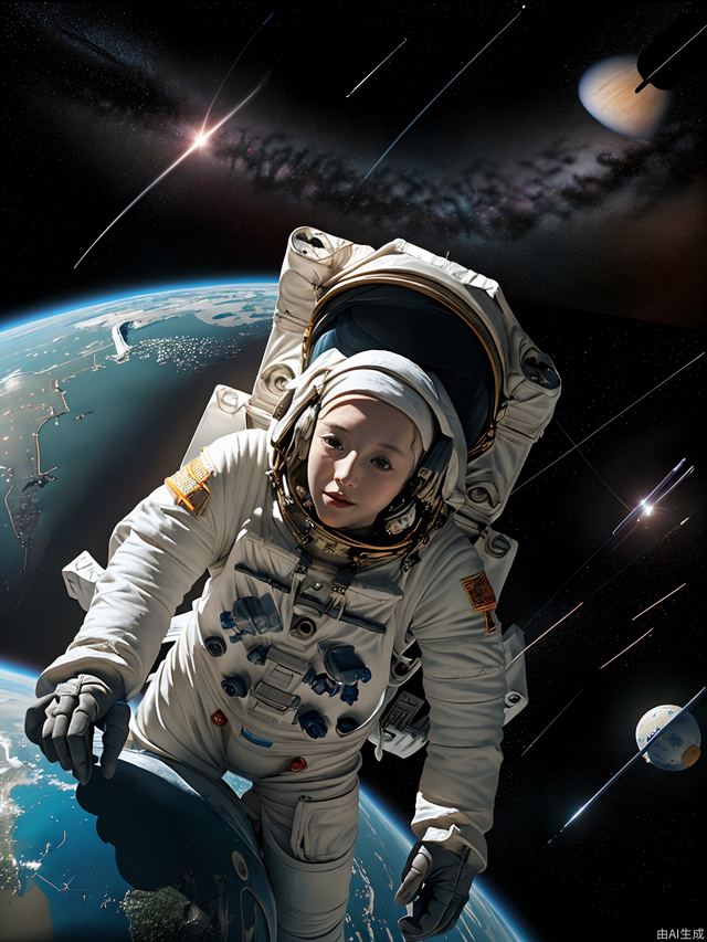 Female astronaut in outer space, surrounded by satellites, space stations