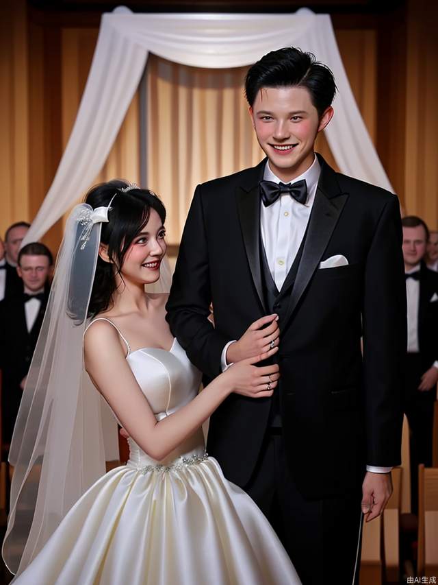 1girl, smile, black_hair, 1boy, dress, bow, hetero, bowtie, formal, suit, couple, veil, wedding_dress, realistic, bridal_veil, bride, traditional_bowtie, husband_and_wife, wedding, tuxedo