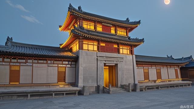 Night view, sky clouds, big moon, buildings are brightly lit, wide-angle, realistic, ancient architecture, Tang Dynasty architectural style