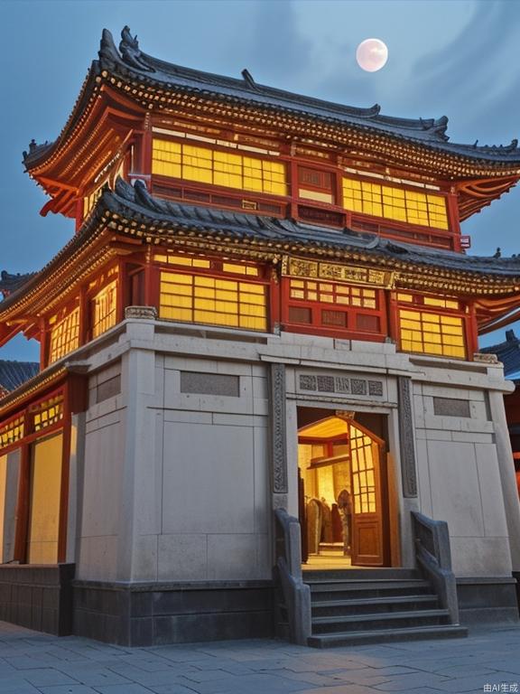 Night view, sky clouds, big moon, buildings are brightly lit, wide-angle, realistic, ancient architecture, Tang Dynasty architectural style