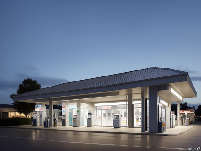 The modern design of the gas station, with its own lighting effects, steel structure roof, bright colors and large space