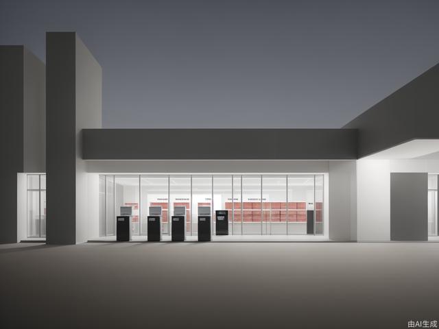 The modern design of the gas station, with its own lighting effects, steel structure roof, and large gray space