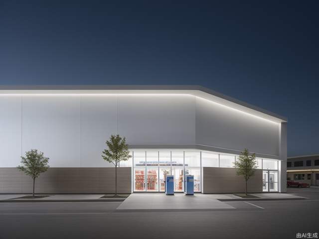 The modern design of the gas station, with its own lighting effects, steel structure roof, and large gray space