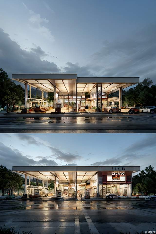 Complete gas station, large roof design, two-story building, lighting effects, architectural renderings, rendering graphs, gas station, sky background, high definition, real