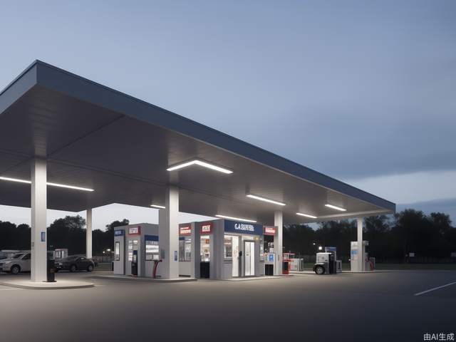 The modern design of the gas station, with its own lighting effects, steel structure roof, and large gray space