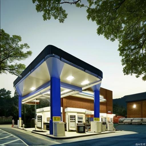 Large gas station, convenience store, masterpiece, high image quality, modern sense, design sense, lighting effect, steel structure building, large space,