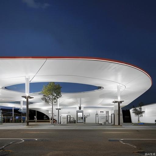 Large gas station, convenience store, masterpiece, high image quality, modern sense, design sense, lighting effect, steel structure building, large space,